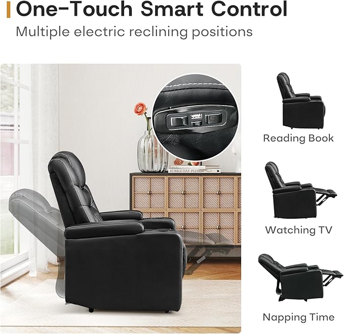 ANJ Power Recliner Chair with USB Port, Electric PU Leather Home Theater Seating for Living Room, Movie Reclining Chairs with Blue Ambient Lighting, Hidden Arm Storage, Cup Holders (Black)-Ruum Studio Home