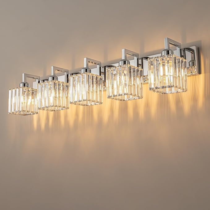 Modern Bathroom Vanity Light 5-Lights Chrome Crystal Wall Lamp Bathroom Modern Crystal Vanity Lighting-Ruum Studio Home