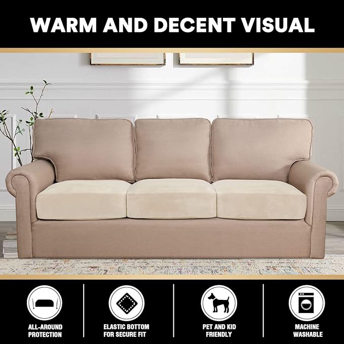 PrinceDeco Sectional Couch Cushion Covers 3 Pieces Velvet Separate Couch Cover Extra Large Stretch Sofa Slipcover Washable Furniture Protector for Sectional Sofa(Each Width Up to 40", Ivory)-Ruum Studio Home