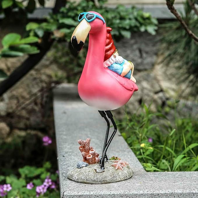 Gnome Garden Statue Funny Gnome Reclining on Flamingo Dwarf Figurines Resin Garden Gnomes Fall Decorations Outdoor for Patio Yard Lawn Porch Housewarming Ornament Gift-Ruum Studio Home