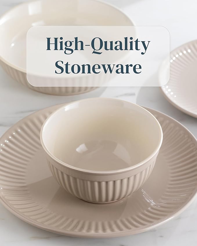 Stoneware Dinnerware Set for 4 People HYGGE 12-Piece - Elegant Scandi Design - Premium Dish Set - Bowl and Plate Set - Tableware for 4 People in a Ribbed Design - Pure Living in Light Brown-Ruum Studio Home