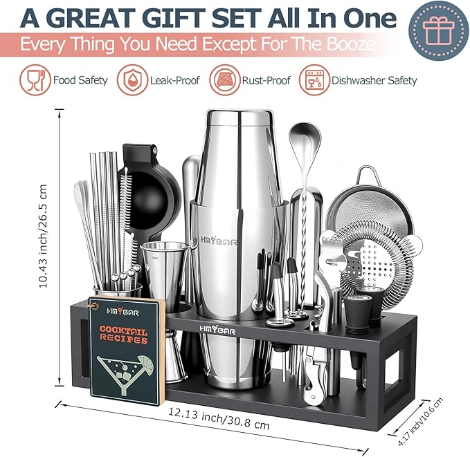 HMYBAR® Mixology Bartender kit | Cocktail Shaker Set | Boston Shaker Set, 20/28 OZ | Martini Making Set for Home Bar. Total 31 pcs incl 39-Recipe Cocktail Cards. Silver Tools. Bamb Stand Black Color-Ruum Studio Home