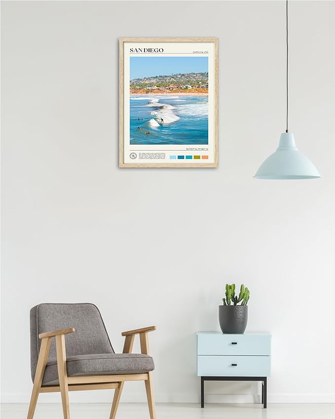 HesenDot Natural OAK Wood San Diego Surfing Framed Wall Art,12x16in Natural Seascape Canvas Wall Print,Classic Urban Landmark Wall Decor for Living Room,Bedroom,Office Gallery Gifts Set of 1-Ruum Studio Home
