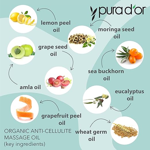 PURA D'OR 16 Oz Organic Anti-Cellulite Massage Oil - Lemon Peel, Moringa, Grape Seed, Grapefruit & Eucalyptus Oils - Skin Firming & Tightening for Active Individuals & Aging Adults-Ruum Studio Home