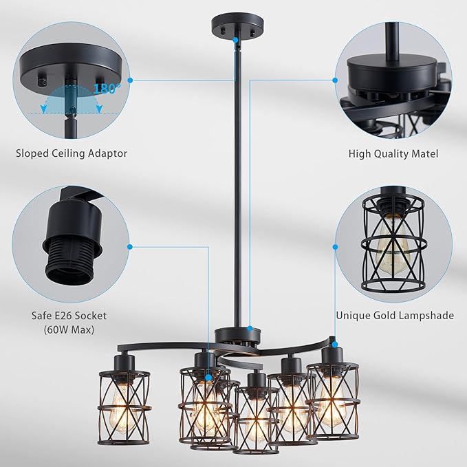 XINGQI Modern Black Chandelier 6-Light Pendant Lighting Fixture with Metal Shade 24" Height Adjustable for Dining Room Living Room Bedroom-Ruum Studio Home