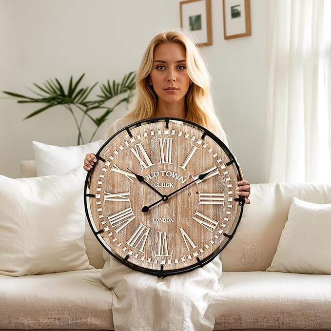 24 Inch Grand Farmhouse Wall Clock, Vintage-Inspired Wood & Metal Design with Large Etched Numbers, Silent Battery-Powered Timepiece for Offices, Kitchens, Bedrooms, and Living Rooms-Ruum Studio Home