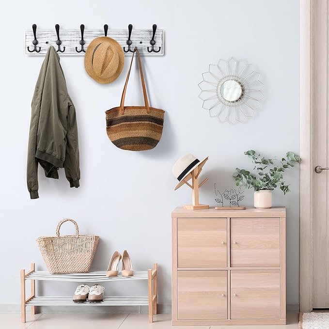 Coat Rack Wall Mount, Wooden Heavy Duty Coat Rack for Wall,6 Triple Coat Hanger Hooks for Hanging Coats,Jacket,Hat,Clothes (Grey White, 6 Hooks)-Ruum Studio Home