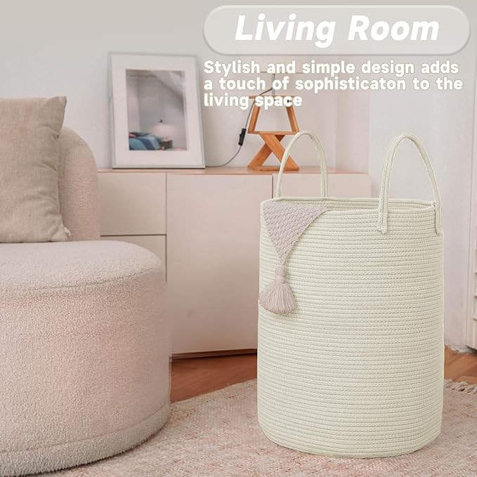 Large Woven Laundry Basket Hamper,100L Cotton Rope Storage Bin for Blankets,Toys and Clothes,Decorative Tall Nursery Hamper for Living Room,Baby Nursery,Bathroom and Bedroom,White-Ruum Studio Home