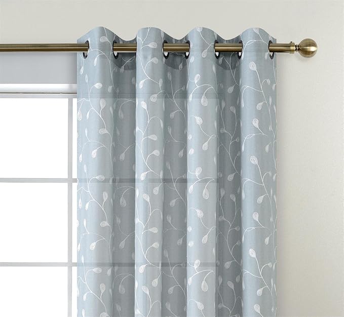 MIUCO Floral Embroidered Semi-Sheer Curtains Faux Linen Grommet Window Panel Pair for Nursery 52 x 63 Inch, Sea Foam-Ruum Studio Home