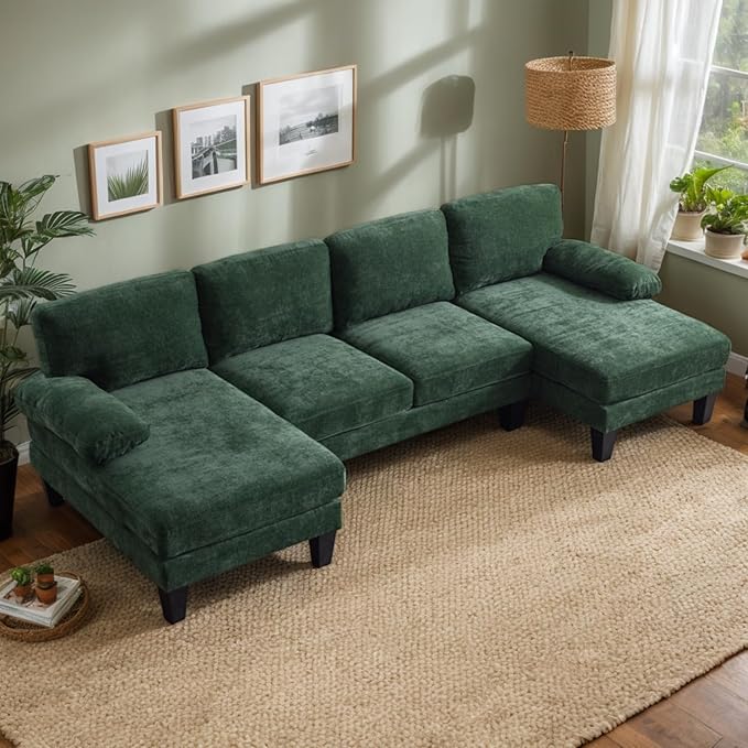Karl home U-Shape Sectional Sofa Couch 111" Modern 4-Seat Sofa with Chaises Chenille Fabric Upholstered Covertible Couch with Wood Grain Legs for Living Room, Reception Room, Apartment, Green-Ruum Studio Home
