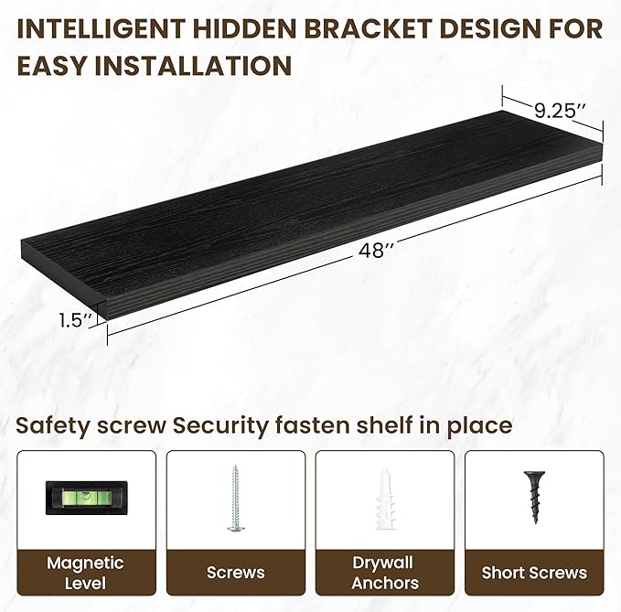 48 Inch Floating Shelves, 48"x9.25"x1.5" Inch Deep Floating Shelves for Wall, Wooden Shelves for Bathroom, Bedroom, Living Room, Black-Ruum Studio Home