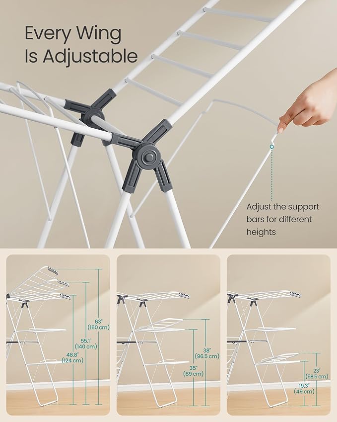 SONGMICS Clothes Drying Rack, Foldable 3-Level Laundry Rack, Free-Standing Large Drying Rack, with Height-Adjustable Wings, 39 Drying Rails, Sock Clips, White and Gray ULLR054W01-Ruum Studio Home