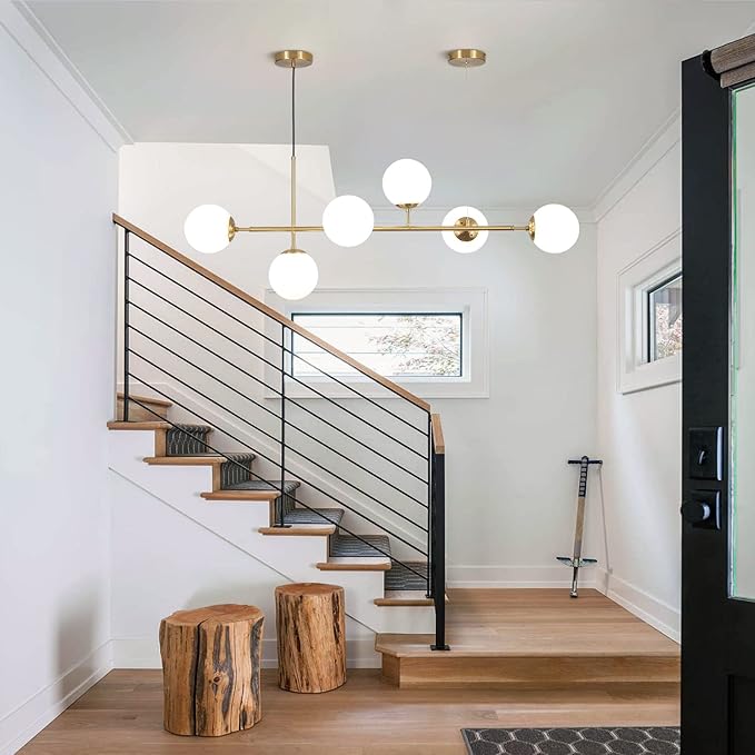 KCO Lighting Modern Globe Linear Chandelier 6 Light Milk Glass Chandeliers White and Gold Pendant Light Fixture Mid Century Rectangle Chandelier Brass Sputnik Island Lights for Kitchen-Ruum Studio Home