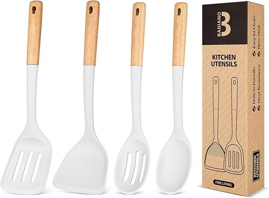 Silicone Cooking Utensils Set, Perfectly Angled for Frying, Mixing,Serving,Draining,Turning and Stirring, BPA-Free Matte Silicone, Wood Handles, Safe for Nonstick Cooking Surfaces,4 Pack (White)-Ruum Studio Home