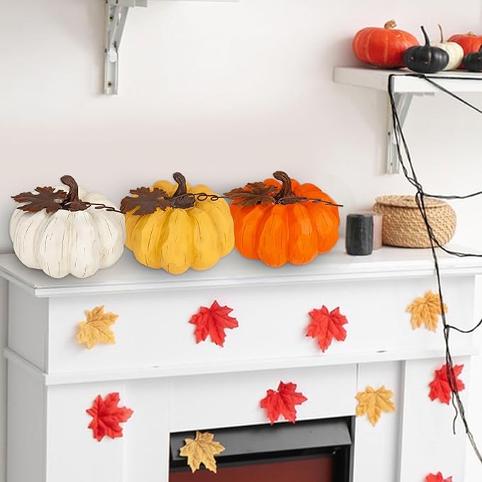 Large Pumpkin Decor Fall Decor, 3PCS Resin Pumpkins Thanksgiving Decorations with Metal Maple Leaf,5.9Inch Artificial Pumpkins for Home, Farmhouse, Mantel, Centerpiece Table Decorations-Ruum Studio Home