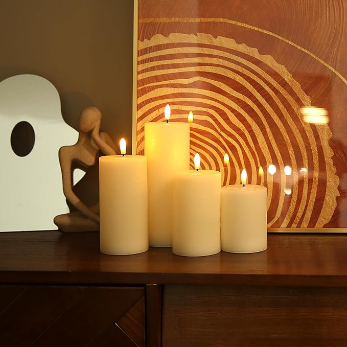 LUSHABOR Flameless Candles, 4 Pack Battery Operated Candles with Remote, Real Wax LED Fake Candles with Timer Flickering for Christmas Wedding Home Party D3 H 5" 6" 7" 9" Ivory-Ruum Studio Home