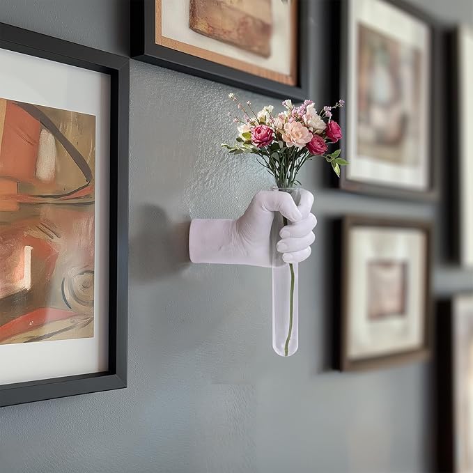Creative Wall Hanging Sculpture, Funky White Hand Vases Home Decor, Artistic Hanging Hand Sculptures with Test Tube Vases, Unique Wall Art Statue-Ruum Studio Home