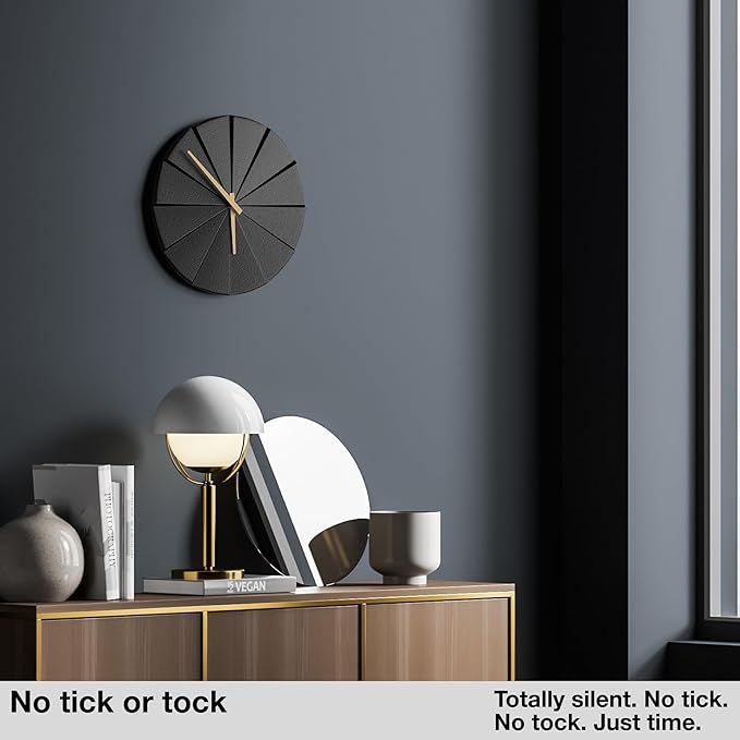 Driini Staircase Modern Wall Clock - Unique 10.5 in. Frameless Concrete Design - Contemporary, Minimalist Decor; No Numbers - Silent Battery Operated Clocks with Decorative Wooden Hands; Black-Ruum Studio Home