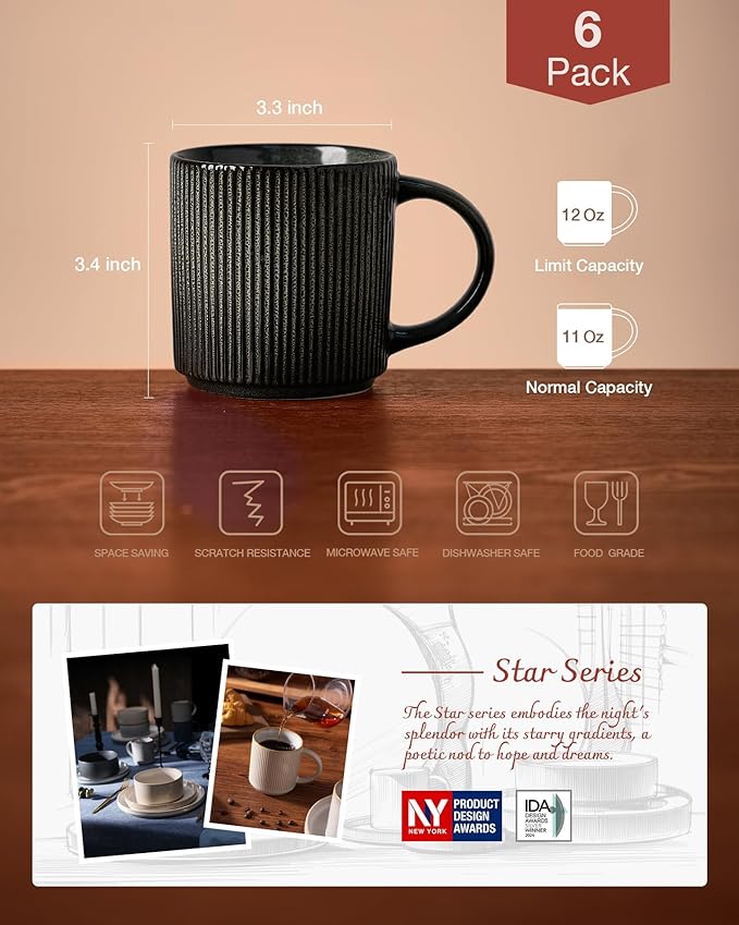 famiware Coffee Mug Set for 6, Star 12 oz Catering Mugs Cup Set with Handle for Coffee, Tea, Cocoa, Milk - Ceramic Stoneware Drinkware Set, Deep Forest-Ruum Studio Home