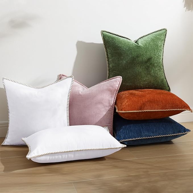 decorUhome Chenille Soft Throw Pillow Covers 12x20 Set of 2, Lumbar Velvet Farmhouse Neutral Decorative Euro Pillow Covers with Stitched Edge for Couch Sofa Bed Home Decor, White-Ruum Studio Home