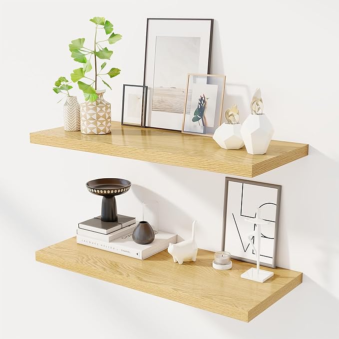 32" Floating Shelves for Wall, 12" Deep Slim Oak Floating Shelves, Wall-Mounted Shelves for Bedroom, Living Room, Kitchen, Bathroom - Set of 2-Ruum Studio Home