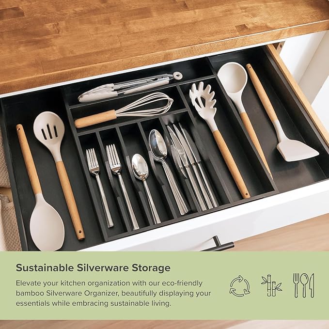 Premium Silverware, Flatware and Utensil Organizer for Kitchen Drawers, Food-Safe Contract Grade, Expandable from 16 to 28 In, Black Bamboo-Ruum Studio Home