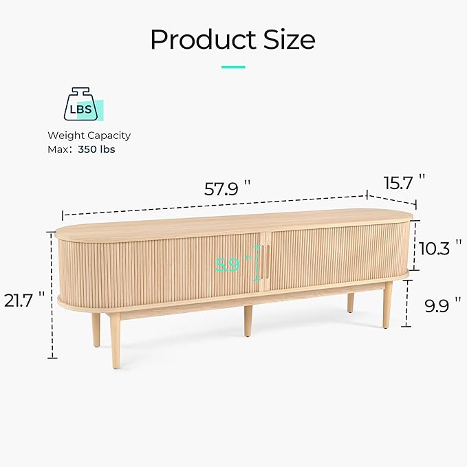 LINSY HOME TV Stand for 65" TV, Mid-Century Modern 58" Entertainment Center with Sliding Tambour Door and Storage Cabinet, Cruved TV Media Console Table for Living Room, Bedroom, Oak-Ruum Studio Home