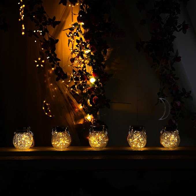 Cooo 6 Pack Heavy Crackle Glass Solar Lantern with 30 LED Firefly Lights– Waterproof Outdoor Hanging Lamp 215% Larger Solar Panel, Stainless Steel Lid Decorative Lighting for Garden Patio Table-Ruum Studio Home