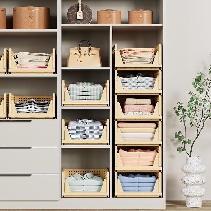 5 Pack Stackable Closet Storage Basket - Stackable Storage Bins, Multifunctional & Foldable Closet Organizer, Wardrobe Cupboard Space-Saving Hat Storage Drawer Organizer, Yellow-Ruum Studio Home