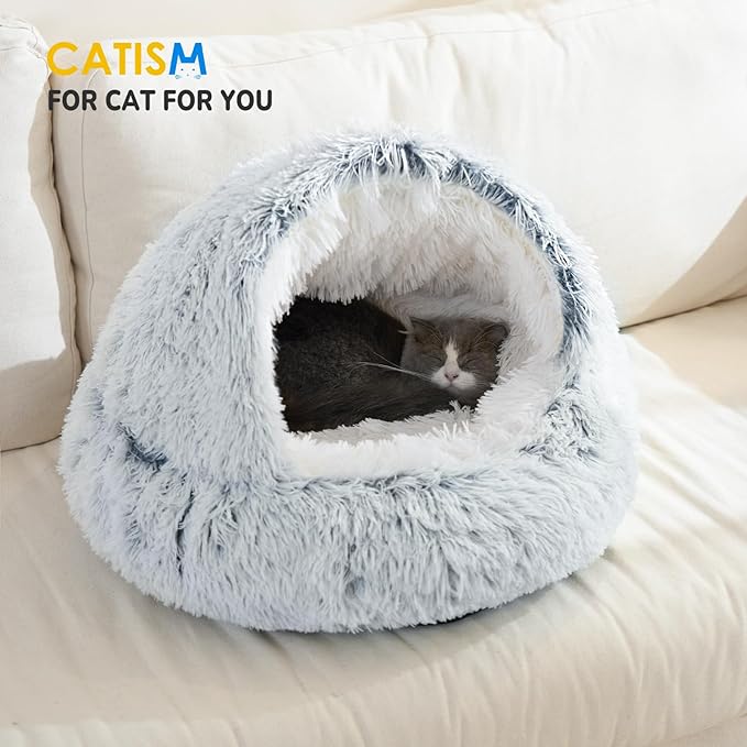 CATISM Cozy Plush Hooded Cat Bed, Indoor/Outdoor, Self-Warming Cave, Removable Washable Non-Slip Bottom-Ruum Studio Home
