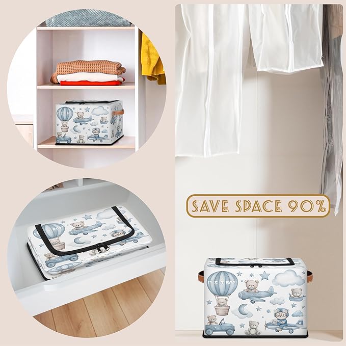 Rectangular Storage Baskets for Shelves - Waterproof Foldable Laundry Basket, Nursery Hamper, Reusable Toy Bin for Organizing Toys, Books, Clothes, Closet 14"x10.2" x10.4" (Little Bear)-Ruum Studio Home