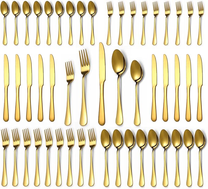 Lazycorner 50 Pcs Gold Silverware Set for 10, Food Grade Stainless Steel Flatware Set Include Fork/Knife/Spoon, Mirror Polished Eating Utensils Sets, Reusable Silverwear Cutlery Set, Dishwasher Safe-Ruum Studio Home
