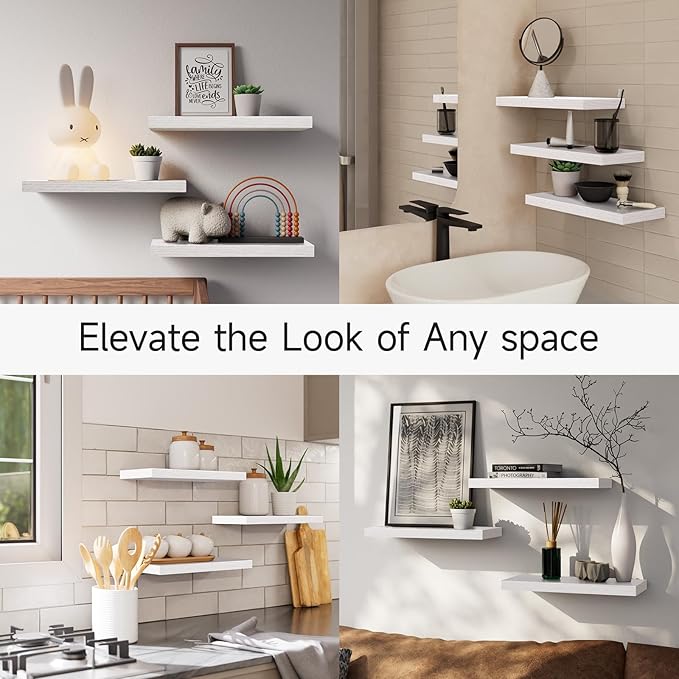 BAYKA Floating Shelves for Wall – Rustic Wood Wall Shelves with Metal Brackets for Bathroom, Bedroom, Kitchen, or Living Room Decor – White, Set of 3, Sturdy Storage with 22lb Capacity-Ruum Studio Home