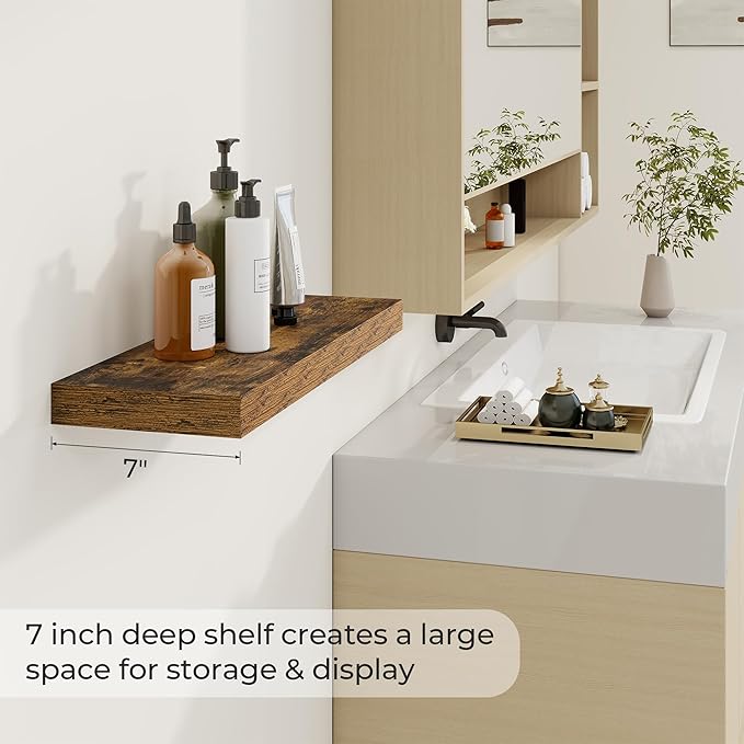 24 inch Floating Shelves Long Floating Shelves for Wall Large Wall Mounted Shelves with Invisible Brackets, Brown Shelves for Bathroom, Living Room, Kitchen, Office, 24x6.7 inch deep Set of 2-Ruum Studio Home