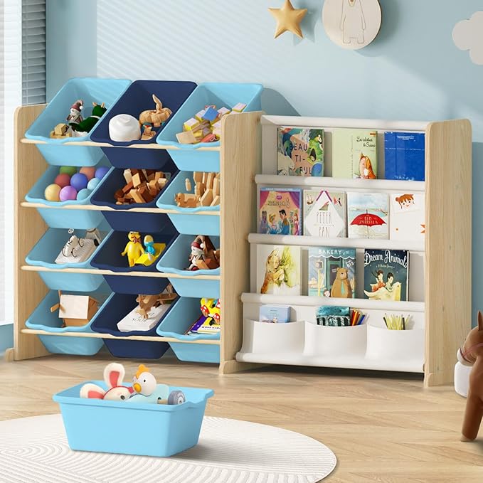 Kids Toy Storage Organizer - Toy Storage with Kids Bookshelf, Toy Organizer with 12 Blue Bins and 4 Book Shelves, Toy Organizers and Storage for Playroom, Nursery, Kids Room, Burlywood-Ruum Studio Home