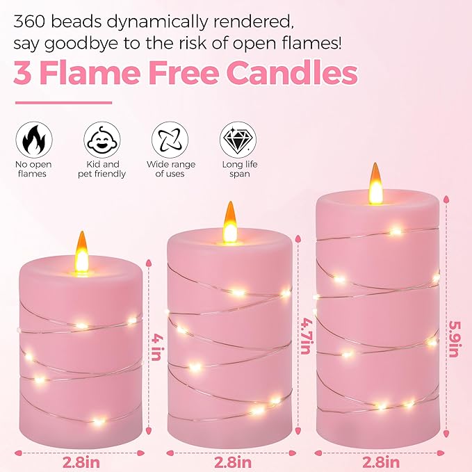 Rose Pink Flameless Candles with String Lights Battery Operated Flickering LED Pillar Candles 4‘’ 5‘’ 6‘’ Candle with Remote Control, Set of 3-Ruum Studio Home