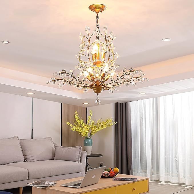 Ganeed Crystal Chandeliers,Vintage Pendant Lighting Crystal Chandelier Lighting Fixtures with 8 Lights,Ceiling Light Fixture for Living Room Bedroom Restaurant Porch Hallway (Gold)-Ruum Studio Home