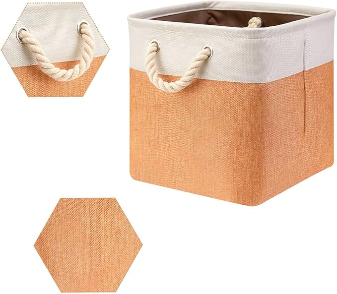 i BKGOO 3Pack Large Foldable Storage Bins，Collapsible Sturdy Cationic Fabric Organizing Storage Basket Cube with Cotton Handles for Home Office Shelf Clothes Toys Beige-Orange 13×13×13 inch-Ruum Studio Home