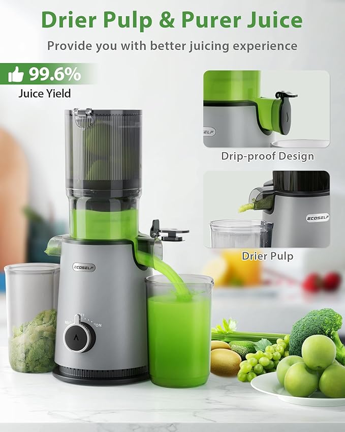 Cold Press Juicer, ECOSELF Juicer Machines with 4.35" Large Feed Chute Fit Whole Fruits & Vegetables, Self Feeding for Juice Extractor Machine, Easy to Clean and Assemble, High Juice Yield-Ruum Studio Home