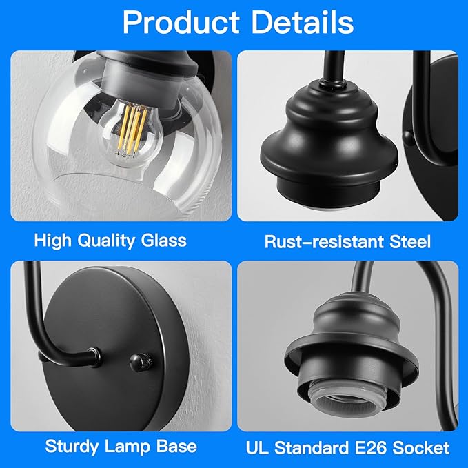 Farmhouse Gooseneck Wall Sconces Set of Two, Bathroom Vintage Black Vanity Light, Rustic Indoor Wall Light Fixtures with Clear Glass for Bathroom Beside Mirror Living Room Hallway-Ruum Studio Home