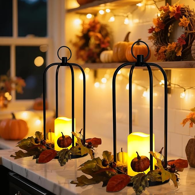 Fall Decor Lanterns Outdoor, 14" Waterproof Decorative Lantern Indoor Decor Metal Hanging Candle Holder LED Flameless Candle Lantern for Patio, Porch, 2 Packs-Ruum Studio Home