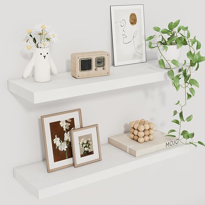 Fun Memories Floating Shelves for Wall, 22.5" Rustic Wood Deep Wall Mounted Shelves with Invisible Brackets for Decor & Storage, Floating Shelf for Living Room, Bathroom (White, Set of 2)-Ruum Studio Home