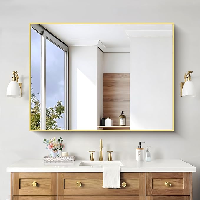 36x55inch Bathroom Mirror, Gold Rectangle Mirror with Thin Metal Frame, Large Rectangular Wall Mirror for Bathroom, Living Room, Hair Salon, Big Farmhouse Mirror Hang Horizontal/Vertical-Ruum Studio Home