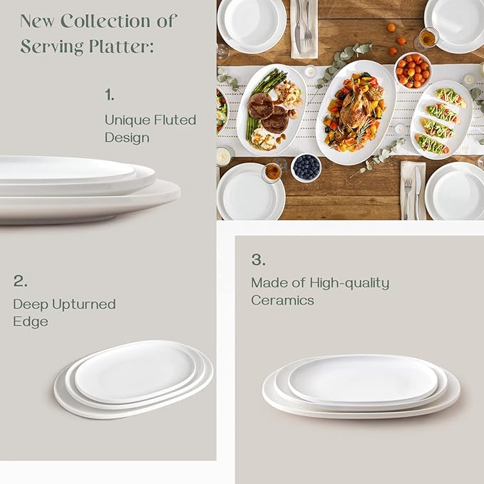 DOWAN Large Serving Platter, 16"/14"/12" Porcelain Platters for Entertaining Wedding Party, White Oval Plates Set of 3, Serving Dishes for Serving Food, Housewarming Gifts-Ruum Studio Home