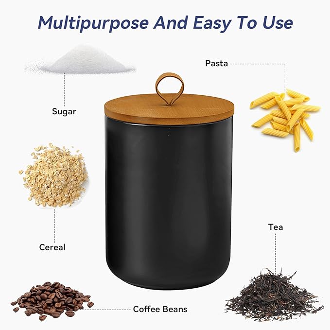 Ceramic Storage Jars, Modern Elegant Highly Polished Airtight Gorgeous Storage Canisters with Wooden Lid Small Food Stroage Jar for Kitchen Spice Tea Vanilla Sugar Coffee Beans (Black trumpet)-Ruum Studio Home