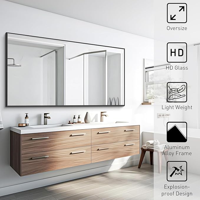 Black Bathroom Mirror for Wall, 30x50 Inch Rectangle Mirrors with Metal Frame, Modern Vanity Wall Mirror Decor for Bathroom Living Room, Entryway Hangs Horizontal or Vertical-Ruum Studio Home