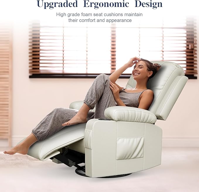 Recliner Chairs for Adults, Massage Rocker with Heated Modern Ergonomic Lounge 360 Degree Swivel Single Sofa Seat Living Room Lounge Recliners Ivory White-Ruum Studio Home