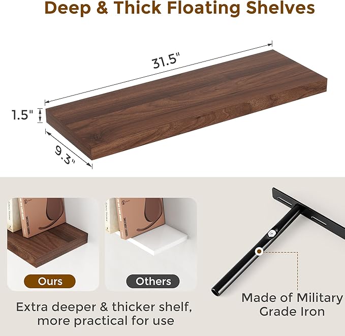 Rustic Wood Floating Shelves 32 Inch Long, 9 Inch Deep Wall Shelves for Home Decor, 32 x 9 Floating Shelf Wall Mounted Set of 2, Deep Floating Shelves for Kitchen, Bedroom, Living Room, Walnut Color-Ruum Studio Home