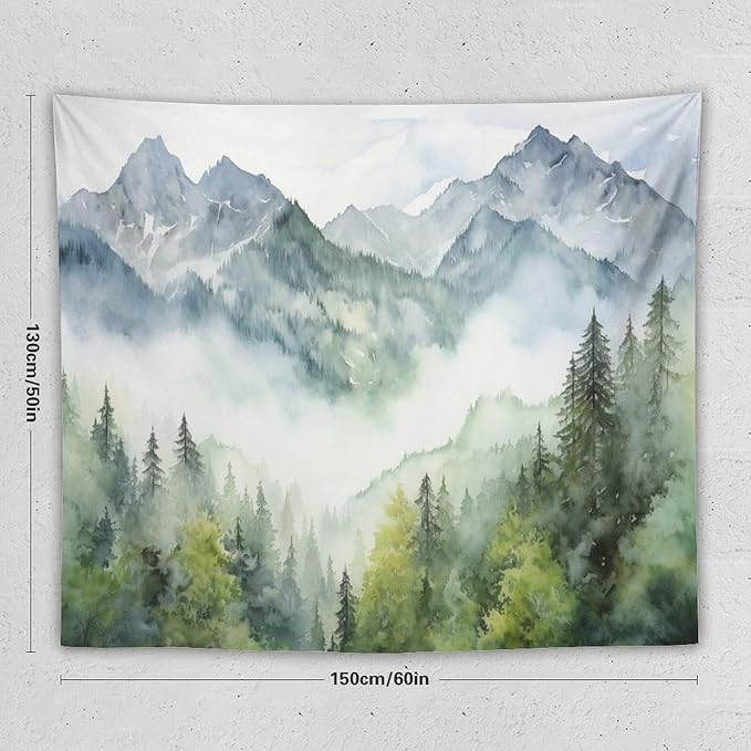 HZOHNAGO Mountain Tapestry Misty Green Forest Mountain Pattern Printed Wall Tapestry Wall Hanging for Bedroom Living Room Dorm 60" W x 50" H-Ruum Studio Home
