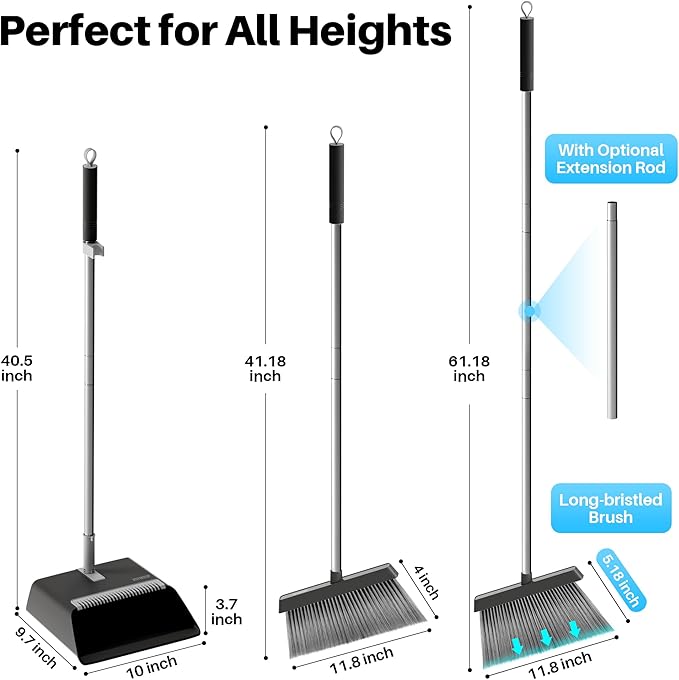 JOYMOOP Black Broom and Dustpan Set, Upright Angle Design with Built-in Comb Teeth for Home, Office, Hardwood Floors, Pet Hair-Ruum Studio Home